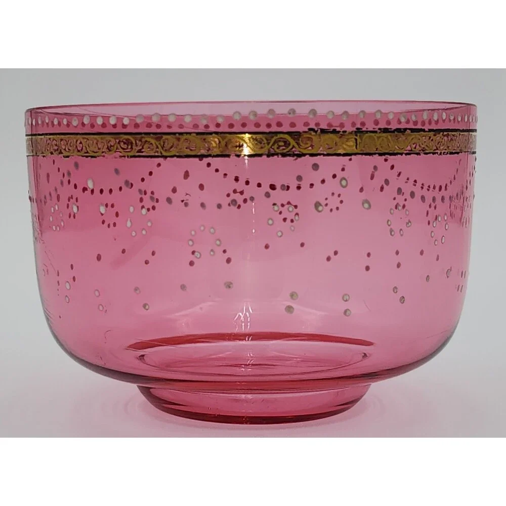 Vintage Cranberry & Gold Art Glass Bowl with Raised Enamel Floral Decorations